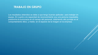 TRABAJO EN GRUPO
Los resultados obtenidos se debe a que tengo buenas aptitudes para trabajar en
equipo. En cuanto a la capacidad de reconocimiento soy una persona respetable,
predomina la burocracia en el manejo del personal, obteniendo alto puntaje en el
comportamiento ético, y media en el aspecto de la imagen en la empresa.
 