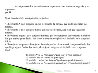 Conjuntos y Subconjuntos 7
Al conjunto de los pares de una correspondencia se le denomina grafo, y se
representa
por G.
Se definen también los siguientes conjuntos:
• El conjunto A es el conjunto inicial o conjunto de partida, que es del que salen las
flechas.
• El conjunto B es el conjunto final o conjunto de llegada, que es al que llegan las
flechas.
• El conjunto original es el conjunto formado por los elementos del conjunto inicial de
los que parte alguna flecha. Por tanto, el conjunto original está incluido en el conjunto
inicial.
• El conjunto imagen es el conjunto formado por los elementos del conjunto final a los
que llega alguna flecha. Por tanto, el conjunto imagen está incluido en el conjunto
final.
 