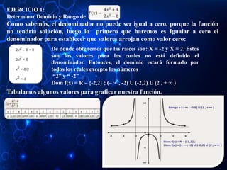 EJERCICIO 1:
Determinar Dominio y Rango de
Como sabemos, el denominador no puede ser igual a cero, porque la función
no tendría solución, luego lo primero que haremos es Igualar a cero el
denominador para establecer que valores arrojan como valor cero:
Tabulamos algunos valores para graficar nuestra función.
De donde obtenemos que las raíces son: X = -2 y X = 2. Estos
son los valores para los cuales no está definido el
denominador. Entonces, el dominio estará formado por
todos los reales excepto los números
“2” y “ -2”
Dom f(x) = R – {-2,2} ; (– ∞ , -2) U (-2,2) U (2 , + ∞ )
 