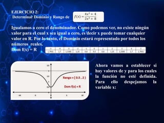 EJERCICIO 2:
Determinar Dominio y Rango de
Igualamos a cero el denominador. Como podemos ver, no existe ningún
valor para el cual x sea igual a cero, es decir x puede tomar cualquier
valor en R. Por lo tanto, el Dominio estará representado por todos los
números reales.
Dom f(x) = R
Ahora vamos a establecer si
hay valores de y para los cuales
la función no esté definida.
Para ello despejamos la
variable x:
 