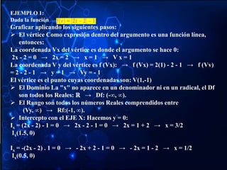 EJEMPLO 1:
Dada la función
Graficar aplicando los siguientes pasos:
 El vértice Como expresión dentro del argumento es una función línea,
entonces:
La coordenada Vx del vértice es donde el argumento se hace 0:
2x - 2 = 0 → 2x = 2 → x = 1 → V x = 1
La coordenada V y del vértice es f (Vx): → f (Vx) = 2(1) - 2 - 1 → f (Vv)
= 2 - 2 - 1 → y = 1 → Vy = - 1
El vértice es el punto cuyas coordenadas son: V(1,-1)
 El Dominio La "x" no aparece en un denominador ni en un radical, el Df
son todos los Reales: ℝ → Df: (-∞, ∞).
 El Rango son todos los números Reales comprendidos entre
(Vy, ∞) → Rf:(-1, ∞).
 Intercepto con el EJE X: Hacemos y = 0:
Ix = (2x - 2) - 1 = 0 → 2x - 2 - 1 = 0 → 2x = 1 + 2 → x = 3/2
Ix(1.5, 0)
Ix = -(2x - 2) . 1 = 0 → - 2x + 2 - 1 = 0 → - 2x = 1 - 2 → x = 1/2
Ix(0.5, 0)
 