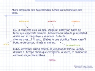 ÉL. El concierto es a las diez. ¡Aligera!  Estoy tan harto de tener que esperarte siempre. Aborrezco tu falta de puntualidad. Acaba con el maquillaje y vámonos. Es tarde. ¿No me oyes...? Ni caso. ¿Sabes lo que significa “hacer caso”? Pues, o-be-de-cer, ni más ni menos.  ELLA . Juventud, divino tesoro, te vas para no volver.  Cariño, disfruta tu tiempo ahora que eres joven. A veces, te comportas como un viejo cascarrabias. Ahora comprueba si lo has entendido. Señala las funciones de este texto. REFERENCIAL APELATIVA EXPRESIVA FÁTICA METALINGÜÍSTICA POÉTICA © Materiales de lengua y literatura Ana Romeo y Lourdes Domenech 