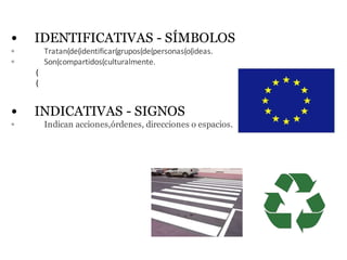 •   IDENTIFICATIVAS - SÍMBOLOS
▫       Tratan(de(identificar(grupos(de(personas(o(ideas.
▫       Son(compartidos(culturalmente.
    (
    (


•   INDICATIVAS - SIGNOS
▫       Indican acciones,órdenes, direcciones o espacios.
 
