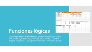 Funciones lógicas
Las categorías de funciones que existen en Excel son varias:
Matemáticas, Estadísticas, base de datos, texto,… y entre
ellas se encuentra la categoría denominada funciones lógicas.
 