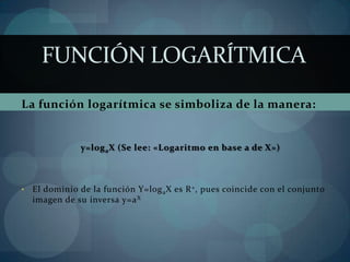 FUNCIÓN LOGARÍTMICA
La función logarítmica se simboliza de la manera:


                y=log a X (Se lee: «Logaritmo en base a de X»)



•   El dominio de la función Y=log a X es R + , pues coincide con el conjunto
    imagen de su inversa y=a X
 