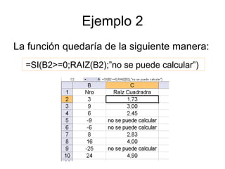 Ejemplo 2 La función quedaría de la siguiente manera:  =SI(B2>=0;RAIZ(B2);”no se puede calcular”)  
