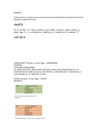 EJEMPLO
Puede controlarel ordenenque se ejecutaráel cálculocambiandolasintaxisde lafórmula.Por
ejemplo, la siguiente fórmula
=5+2*3
Por el contrario, si se utilizan paréntesis para cambiar la sintaxis, pueden sumarse en
primer lugar 5 y 2 y, a continuación, multiplicarse el resultado por 3, resultando 21.
=(5+2)*3
VERDADERO Devuelve el valor lógico VERDADERO.
EJEMPLO:
FUNCIÓN VERDADERO:
EL EJERCITO ESTA BUSCANDO JÓVENES PARA QUE PERTENEZCAN SU
CONSTITUCIÓN POR LO CUAL NECESITAN A JÓVENES DE 18 AÑOS DE LO
CONTRARIO EL PC BOTARÁ FALSO
FALSO Devuelve el valor lógico FALSO.
EJEMPLO:
 