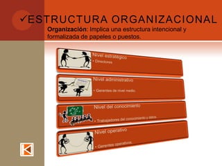 ESTRUCTURA ORGANIZACIONAL
   Organización: Implica una estructura intencional y
   formalizada de papeles o puestos.
 