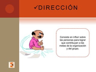 D I R E C C I Ó N



          Consiste en influir sobre
          las personas para lograr
            que contribuyan a las
          metas de la organización
                y del grupo.
 