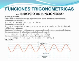 FUNCIONES TRIGONOMETRICAS 
…/EJERCICIO DE FUNCIÓN SENO 
4) Puntos de corte: 
Calculamos los puntos de corte que hayan dentro del primer período de nuestra función. 
Puntos de corte con el eje Y: 
Si x = 0 ⇒ y = sen 0 ⇒ y = 0 ⇒ (0 , 0) 
Puntos de corte con el eje X: 
Si y = 0 ⇒ 0 = sen (5x) ⇒ 5x = 0 ó 5x = π ⇒ x = 0 ó x = π/5 ⇒ (0 , 0) , (π/5 , 0) 
5) Máximos y mínimos: 
Calculamos los máximos y mínimos que se encuentran dentro del primer período de la función. 
Los puntos máximos de la función vendrán dados por la ecuación: 
1 = sen (5x) ⇒ 5x = π/2 ⇒ x = π/10 ⇒ (π/10 , 1) 
Los puntos mínimos de la función vendrán dados por la ecuación: 
-1 = sen (5x) ⇒ 5x = 3π/2 ⇒ x = 3π/10 ⇒ (3π/10 , -1) 
GRÁFICA: 
 