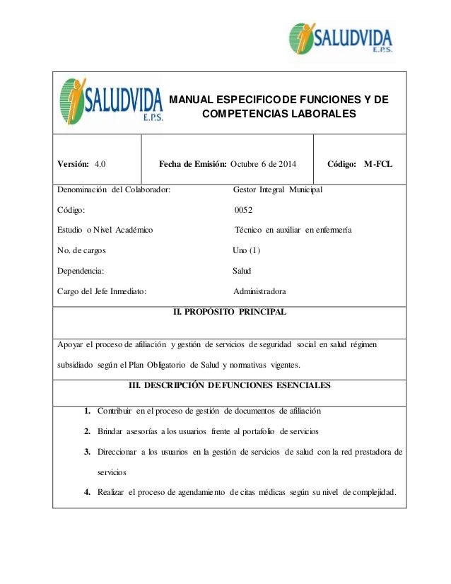 MANUAL DE FUNCIONES SALUDVIDA E.P.S