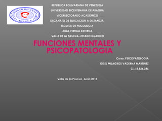 REPÚBLICA BOLIVARIANA DE VENEZUELA
UNIVERSIDAD BICENTENARIA DE ARAGUA
VICERRECTORADO ACADÉMICO
DECANATO DE EDUCACION A DISTANCIA
ESCUELA DE PSICOLOGIA
AULA VIRTUAL EXTERNA
VALLE DE LA PASCUA.-ESTADO GUARICO
FUNCIONES MENTALES Y
PSICOPATOLOGIA
Curso: PSICOPATOLOGIA
GISEL MILAGROS VADERNA MARTINEZ
C.I.: 8.826.246
Valle de la Pascua, Junio 2017
 
 