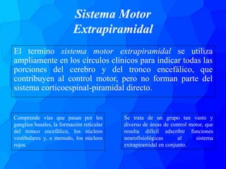 Sistema Motor
Extrapiramidal
El termino sistema motor extrapiramidal se utiliza
ampliamente en los círculos clínicos para indicar todas las
porciones del cerebro y del tronco encefálico, que
contribuyen al control motor, pero no forman parte del
sistema corticoespinal-piramidal directo.
Comprende vías que pasan por los
ganglios basales, la formación reticular
del tronco encefálico, los núcleos
vestibulares y, a menudo, los núcleos
rojos.
Se trata de un grupo tan vasto y
diverso de áreas de control motor, que
resulta difícil adscribir funciones
neurofisiológicas al sistema
extrapiramidal en conjunto.
 