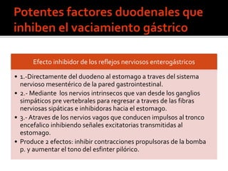 Efecto inhibidor de los reflejos nerviosos enterogástricos
• 1.-Directamente del duodeno al estomago a traves del sistema
nervioso mesentérico de la pared gastrointestinal.
• 2.- Mediante los nervios intrinsecos que van desde los ganglios
simpáticos pre vertebrales para regresar a traves de las fibras
nerviosas sipáticas e inhibidoras hacia el estomago.
• 3.- Atraves de los nervios vagos que conducen impulsos al tronco
encefalico inhibiendo señales excitatorias transmitidas al
estomago.
• Produce 2 efectos: inhibir contracciones propulsoras de la bomba
p. y aumentar el tono del esfinter pilórico.
 