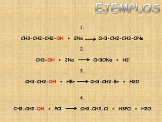 1.

  CH3-CH2-CH2-OH + 2Na       CH3-CH2-CH2-ONa

                      2.

       CH3-OH + 2Na        CH3ONa + H2

                      3.

   CH3-CH2-OH + HBr        CH3-CH2-Br + H2O


                      4.

CH3-CH2-OH + PCl      CH3-CH2-Cl + H3PO + H2O
 