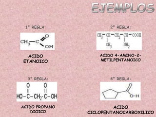 1° REGLA:              2° REGLA:




  ACIDO             ACIDO 4-AMINO-2-
ETANOICO            METILPENTANOICO



  3° REGLA:             4° REGLA:




ACIDO PROPANO            ACIDO
    DIOICO      CICLOPENTANOCARBOXILICO
 