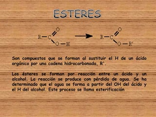 Son compuestos que se forman al sustituir el H de un ácido
orgánico por una cadena hidrocarbonada, R'.

Los ésteres se forman por reacción entre un ácido y un
alcohol. La reacción se produce con pérdida de agua. Se ha
determinado que el agua se forma a partir del OH del ácido y
el H del alcohol. Este proceso se llama esterificación
 