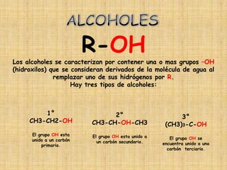 R-OH
Los alcoholes se caracterizan por contener una o mas grupos –OH
(hidroxilos) que se consideran derivados de la molécula de agua al
              remplazar uno de sus hidrógenos por R.
                    Hay tres tipos de alcoholes:



         1°                     2°                         3°
     CH3-CH2-OH           CH3-CH-OH-CH3               (CH3)3-C-OH
      El grupo OH esta    El grupo OH esta unido a
      unido a un carbón                                 El grupo OH se
                            un carbón secundario.    encuentra unido a una
          primario.
                                                       carbón terciario.
 