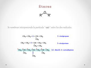 Se nombran interponiendo la partícula "-oxi-" entre los dos radicales.
Éteres
 