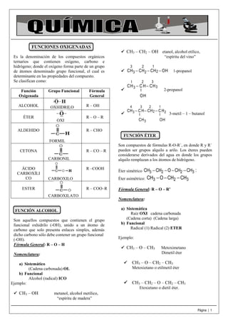 FUNCIONES OXIGENADAS
CH3 – CH2 – OH etanol, alcohol etílico,
Es la denominación de los compuestos orgánicos
ternarios que contienen oxígeno, carbono e
hidrógeno; donde el oxígeno forma parte de un grupo
de átomos denominado grupo funcional, el cual es
determinante en las propiedades del compuesto.
Se clasifican como:
Función
Oxigenada
ALCOHOL
ÉTER

Grupo Funcional

OXHIDRILO
OXI

ALDEHIDO

Fórmula
General
R – OH

“espíritu del vino”
3

2

1

CH 3 − CH 2 − CH 2 − OH
I

2

1-propanol

3

CH 3 − C H − CH 3

2-propanol

I

OH
4

3

2

1

CH 3 − C H − CH 2 − C H 2
I

I

CH 3

R–O–R

3-metil – 1 – butanol

OH

R – CHO
FUNCIÓN ÉTER
FORMIL
R – CO – R

R –COOH

CETONA

Son compuestos de fórmulas R-O-R`, en donde R y R`
pueden ser grupos alquilo a arilo. Los éteres pueden
considerarse derivados del agua en donde los grupos
alquilo remplazan a los átomos de hidrógeno.
Éter simétrico CH3 − CH2 − O − CH2 − CH3 :

CARBONIL
ÁCIDO
CARBOXÍLI
CO

Éter asimétrico:

CARBOXILO

ESTER

R – COO–R
CARBOXILATO

FUNCIÓN ALCOHOL
Son aquellos compuestos que contienen el grupo
funcional oxhidrilo (-OH), unido a un átomo de
carbono que solo presenta enlaces simples, además
dicho carbono sólo debe contener un grupo funcional
(-OH).
Fórmula General: R – O – H
Nomenclatura:
a) Sistemático
(Cadena carbonada) OL
b) Funcional
Alcohol (radical) ICO
Ejemplo:

CH3 − O − CH2 − CH3

Fórmula General: R – O – R’
Nomenclatura:
a) Sistemática
Raíz OXI cadena carbonada
(Cadena corta) (Cadena larga)
b) Funcional
Radical (1) Radical (2) ETER
Ejemplo:

CH3 – O – CH3

Metoximetano
Dimetil éter

CH3 – O – CH2 – CH3
Metoxietano o etilmetil éter

CH3 – CH2 – O – CH2 – CH3
Etoxietano o dietil éter.

CH3 – OH

metanol, alcohol metílico,
“espíritu de madera”
Página | 1

 