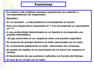 En nuestra vida cotidiana tenemos experiencia con relación o
correspondencias de magnitudes .
Ejemplos :
• En un almacén , a cada producto le corresponde un precio.
• Para una temperatura expresada en º C le corresponde un equivalente
en º F.
• A una profundidad determinada en un líquido le corresponde una
presión hidrostática.
• Un gas encerrado en un recipiente tiene una presión especifica.
• El consumo de energía eléctrica se halla relacionado con el costo.
• EL crecimiento poblacional se halla relacionado con el tiempo.
• El cambio de rapidez en el movimiento de un móvil con respecto al
tiempo.
• El decaimiento de una sustancia radiactiva en función del tiempo.
• El área de un circulo con el radio.
Funciones
 