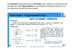Las funciones trigonométricas son funciones cuyos valores son extensiones del
concepto de razón trigonométrica en un triángulo rectángulo trazado en una
circunferencia unitaria (de radio unidad).
 