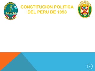 CONSTITUCION POLITICA 
DEL PERU DE 1993 
Artículo 166.° - Finalidad de la Policía Nacional 
La Policía Nacional tiene por finalidad fundamental 
garantizar, mantener y restablecer el orden interno. 
Presta protección y ayuda a las personas y a la 
comunidad. Garantiza el cumplimiento de las leyes y 
la seguridad del patrimonio público y del privado. 
Previene, investiga y combate la delincuencia. Vigila y 
controla las fronteras. 
6 
 