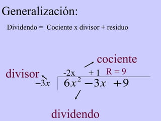 Generalización: Dividendo =  Cociente x divisor + residuo -2x  + 1  dividendo cociente divisor R = 9   