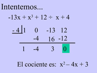Intentemos... -13x + x 3  + 12 ÷  x + 4 1  0  -13  12 - 4 1 -4 -4 16 3 -12 0 El cociente es:  x 2  – 4x + 3 