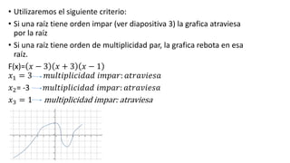 • Utilizaremos el siguiente criterio:
• Si una raíz tiene orden impar (ver diapositiva 3) la grafica atraviesa
por la raíz
• Si una raíz tiene orden de multiplicidad par, la grafica rebota en esa
raíz.
F(x)= 𝑥 − 3 𝑥 + 3 𝑥 − 1
𝑥1 = 3 𝑚𝑢𝑙𝑡𝑖𝑝𝑙𝑖𝑐𝑖𝑑𝑎𝑑 𝑖𝑚𝑝𝑎𝑟: 𝑎𝑡𝑟𝑎𝑣𝑖𝑒𝑠𝑎
𝑥2= -3 𝑚𝑢𝑙𝑡𝑖𝑝𝑙𝑖𝑐𝑖𝑑𝑎𝑑 𝑖𝑚𝑝𝑎𝑟: 𝑎𝑡𝑟𝑎𝑣𝑖𝑒𝑠𝑎
𝑥3 = 1 multiplicidad impar: atraviesa
 
