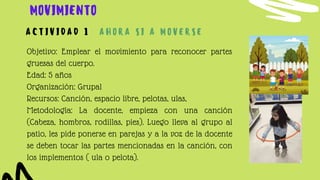 Objetivo: Emplear el movimiento para reconocer partes
gruesas del cuerpo.
Edad: 5 años
Organización: Grupal
Recursos: Canción, espacio libre, pelotas, ulas,
Metodología: La docente, empieza con una canción
(Cabeza, hombros, rodillas, pies). Luego lleva al grupo al
patio, les pide ponerse en parejas y a la voz de la docente
se deben tocar las partes mencionadas en la canción, con
los implementos ( ula o pelota).
MOVIMIENTO
A C T I V I D A D 1 A H O R A S I A M O V E R S E
 
