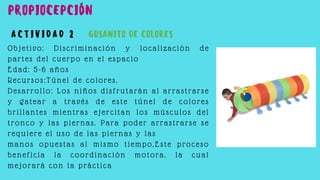Objetivo: Discriminación y localización de
partes del cuerpo en el espacio
Edad: 5-6 años
Recursos:Túnel de colores.
Desarrollo: Los niños disfrutarán al arrastrarse
y gatear a través de este túnel de colores
brillantes mientras ejercitan los músculos del
tronco y las piernas. Para poder arrastrarse se
requiere el uso de las piernas y las
manos opuestas al mismo tiempo,Este proceso
beneficia la coordinación motora, la cual
mejorará con la práctica
A C T I V I D A D 2
PROPIOCEPCIÓN
GUSANITO DE COLORES
 