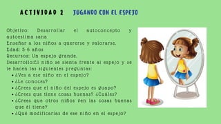 ¿Ves a ese niño en el espejo?
¿Le conoces?
¿Crees que el niño del espejo es guapo?
¿Crees que tiene cosas buenas? ¿Cuáles?
¿Crees que otros niños ven las cosas buenas
que él tiene?
¿Qué modificarías de ese niño en el espejo?
Objetivo: Desarrollar el autoconcepto y
autoestima sana
Enseñar a los niños a quererse y valorarse.
Edad: 5-6 años
Recursos: Un espejo grande.
Desarrollo:El niño se sienta frente al espejo y se
le hacen las siguientes preguntas:
A C T I V I D A D 2 JUGANDO CON EL ESPEJO
 
