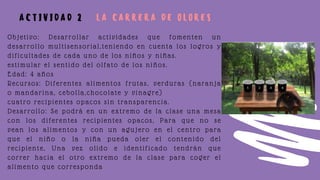 Objetivo: Desarrollar actividades que fomenten un
desarrollo multisensorial,teniendo en cuenta los logros y
dificultades de cada uno de los niños y niñas.
estimular el sentido del olfato de los niños.
Edad: 4 años
Recursos: Diferentes alimentos frutas, verduras (naranja
o mandarina, cebolla,chocolate y vinagre)
cuatro recipientes opacos sin transparencia.
Desarrollo: Se podrá en un extremo de la clase una mesa
con los diferentes recipientes opacos, Para que no se
vean los alimentos y con un agujero en el centro para
que el niño o la niña pueda oler el contenido del
recipiente, Una vez olido e identificado tendrán que
correr hacia el otro extremo de la clase para coger el
alimento que corresponda
L A C A R R E R A D E O L O R E SA C T I V I D A D 2
 