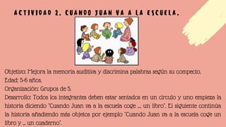 Objetivo: Mejora la memoria auditiva y discrimina palabras según su compecto.
Edad: 5-6 años.
Organización: Grupos de 5.
Desarrollo: Todos los integrantes deben estar sentados en un círculo y uno empieza la
historia diciendo "Cuando Juan va a la escuela coge .... un libro". El siguiente continúa
la historia añadiendo más objetos por ejemplo "Cuando Juan va a la escuela coge un
libro y ... un cuaderno".
A C T I V I D A D 2 . C U A N D O J U A N V A A L A E S C U E L A .
 
