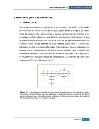 FUNCIONES QUIMICAS E.A.PDE MEDICINA HUMANA
QUIMICA | 6
2. FUNCIONES QUIMICAS ORGANICAS
2.1 DEFINICION:
Se les llama compuestos orgánicos a todos aquellos que están conformados
por cadenas de átomos de carbono que pueden tener la longitud de varios
miles de unidades (Por conveniencia y porque cumplen con las mismas leyes
se incluye también a los de un solo átomo). La estructura más simple, y la que
se puede considerar la base de todos los otros es aquella en las que todas las
valencias libres de los átomos de esas cadenas están unidos a átomos de
hidrógeno en los compuestos llamados hidrocarburos. Esta consideración se
basa en que la unión carbono - hidrógeno es muy estable, y por la significativa
abundancia de estos compuestos en los sistemas naturales. En la figura nº 1
se muestra una estructura típica de hidrocarburo. Los átomos de carbono se
indican con 'C' y los hidrógeno con 'H'.
 