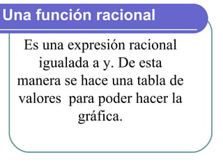 Una función racional Es una expresión racional igualada a y. De esta manera se hace una tabla de valores  para poder hacer la gráfica. 
