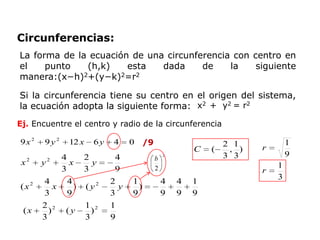 Circunferencias:
Si la circunferencia tiene su centro en el origen del sistema,
la ecuación adopta la siguiente forma: x2 ...