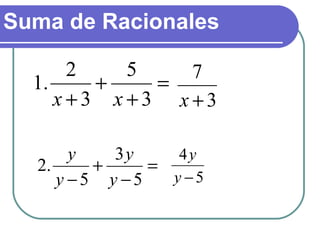 Suma de Racionales
=
+
+
+ 3
5
3
2
.1
xx 3
7
+x
=
−
+
− 5
3
5
.2
y
y
y
y
5
4
−y
y
 