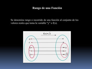 Rango de una Función
Se denomina rango o recorrido de una función al conjunto de los
valores reales que toma la variable “y” o f(x).
 