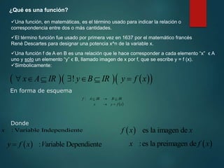 ¿Qué es una función?
Una función, en matemáticas, es el término usado para indicar la relación o
correspondencia entre dos o más cantidades.
El término función fue usado por primera vez en 1637 por el matemático francés
René Descartes para designar una potencia x^n de la variable x.
Una función f de A en B es una relación que le hace corresponder a cada elemento “x” ϵ A
uno y solo un elemento “y” ϵ B, llamado imagen de x por f, que se escribe y = f (x).
Simbolicamente:
    
 
!
x A IR y B IR y f x
      
En forma de esquema
 
x
f
y
x
IR
B
IR
A
f





:
: Variable Independiente
x
Donde
  : ariable Dependiente
y f x V

  es la imagen de
f x x
 
:es la preimagen de
x f x
 