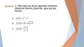 Ejemplos 1.- Para cada una de las siguientes relaciones,
determine Dominio, Recorrido para que sea
función
  12
 xxf
 
1
1
x
f x
x



  2 1f x x  
a)
b)
c)
 