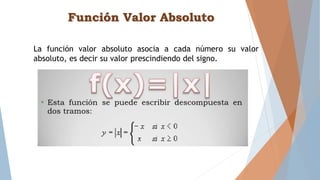 Función Valor Absoluto
La función valor absoluto asocia a cada número su valor
absoluto, es decir su valor prescindiendo del signo.
 