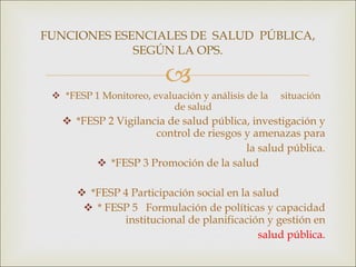 *FESP 1 Monitoreo, evaluación y análisis de la  situación de salud *FESP 2 Vigilancia de salud pública, investigación y control de riesgos y amenazas para la salud pública. *FESP 3 Promoción de la salud *FESP 4 Participación social en la salud * FESP 5  Formulación de políticas y capacidad institucional de planificación y gestión en salud pública. FUNCIONES ESENCIALES DE  SALUD  PÚBLICA, SEGÚN LA OPS. 