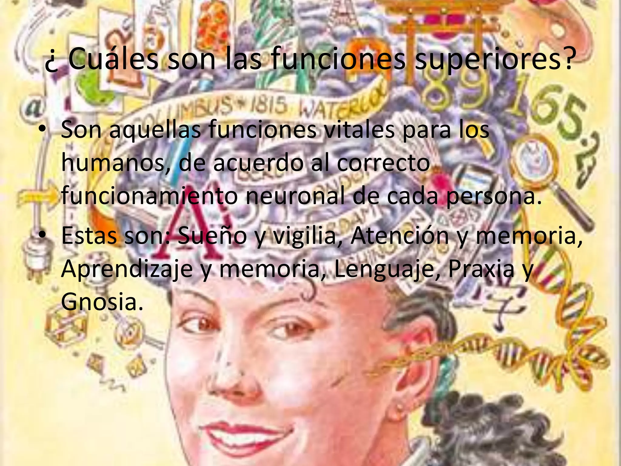 ¿ Cuáles son las funciones superiores?
• Son aquellas funciones vitales para los
humanos, de acuerdo al correcto
funcionamiento neuronal de cada persona.
• Estas son: Sueño y vigilia, Atención y memoria,
Aprendizaje y memoria, Lenguaje, Praxia y
Gnosia.