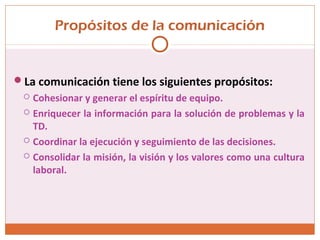 Propósitos de la comunicación
La comunicación tiene los siguientes propósitos:
 Cohesionar y generar el espíritu de equipo.
 Enriquecer la información para la solución de problemas y la
TD.
 Coordinar la ejecución y seguimiento de las decisiones.
 Consolidar la misión, la visión y los valores como una cultura
laboral.
 