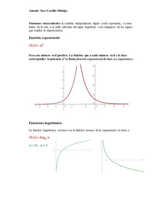 Antonio Jose Castillo Hidalgo
Funciones trascendentes la variable independiente figura como exponente, o como
índice de la raíz, o se halla afectada del signo logaritmo o de cualquiera de los signos
que emplea la trigonometría.
Función exponencial
Sea a un número real positivo. La función que a cada número real x le hace
corresponder la potencia ax
se llama función exponencial de base a y exponente x.
Funciones logarítmica
La función logarítmica en base a es la función inversa de la exponencial en base a.
 