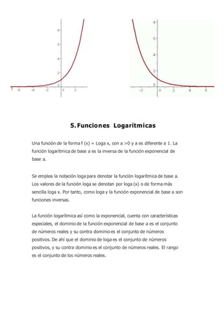 5. Funciones Logarítmicas
Una función de la forma f (x) = Loga x, con a >0 y a es diferente a 1. La
función logarítmica de base a es la inversa de la función exponencial de
base a.
Se emplea la notación loga para denotar la función logarítmica de base a.
Los valores de la función loga se denotan por loga (x) o de forma más
sencilla loga x. Por tanto, como loga y la función exponencial de base a son
funciones inversas.
La función logarítmica así como la exponencial, cuenta con características
especiales, el dominio de la función exponencial de base a es el conjunto
de números reales y su contra dominio es el conjunto de números
positivos. De ahí que el dominio de loga es el conjunto de números
positivos, y su contra dominio es el conjunto de números reales. El rango
es el conjunto de los números reales.
 