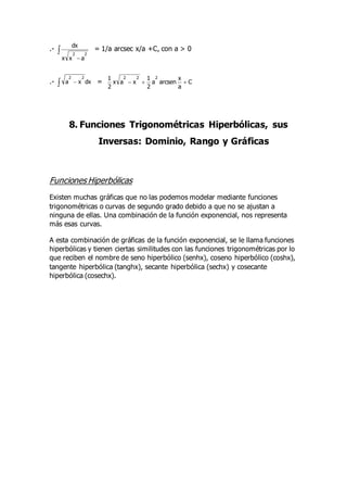 .- 

2
2
a
x
x
dx
= 1/a arcsec x/a +C, con a > 0
.-   dx
x
a
2
2
= C
a
x
arcsen
a
2
1
x
a
x
2
1 2
2
2



8. Funciones Trigonométricas Hiperbólicas, sus
Inversas: Dominio, Rango y Gráficas
Funciones Hiperbólicas
Existen muchas gráficas que no las podemos modelar mediante funciones
trigonométricas o curvas de segundo grado debido a que no se ajustan a
ninguna de ellas. Una combinación de la función exponencial, nos representa
más esas curvas.
A esta combinación de gráficas de la función exponencial, se le llama funciones
hiperbólicas y tienen ciertas similitudes con las funciones trigonométricas por lo
que reciben el nombre de seno hiperbólico (senhx), coseno hiperbólico (coshx),
tangente hiperbólica (tanghx), secante hiperbólica (sechx) y cosecante
hiperbólica (cosechx).
 