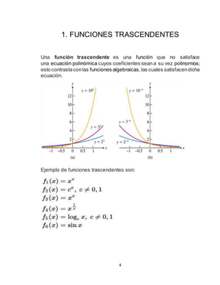 4
1. FUNCIONES TRASCENDENTES
Una función trascendente es una función que no satisface
una ecuación polinómica cuyos coeficientes sean a su vez polinomios;
esto contrastaconlas funciones algebraicas,las cuales satisfacendicha
ecuación.
Ejemplo de funciones trascendentes son:
 